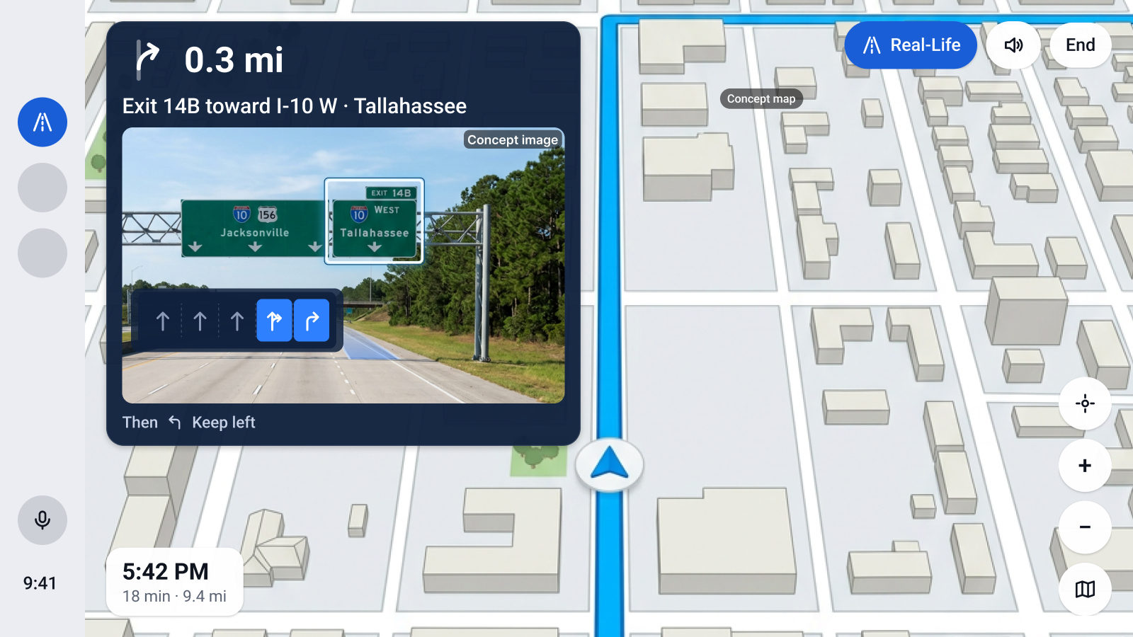 Android Auto screen with the navigation map and a still Real-Life picture of the next junction.