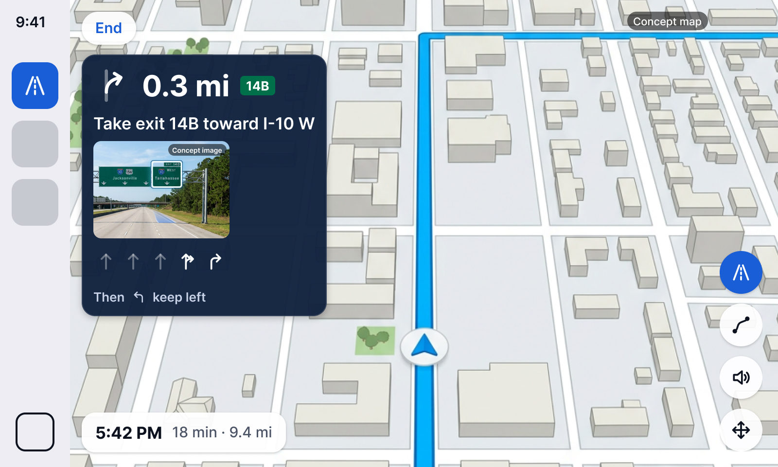 CarPlay screen with the navigation map and a turn panel showing a still Real-Life picture of the next junction.