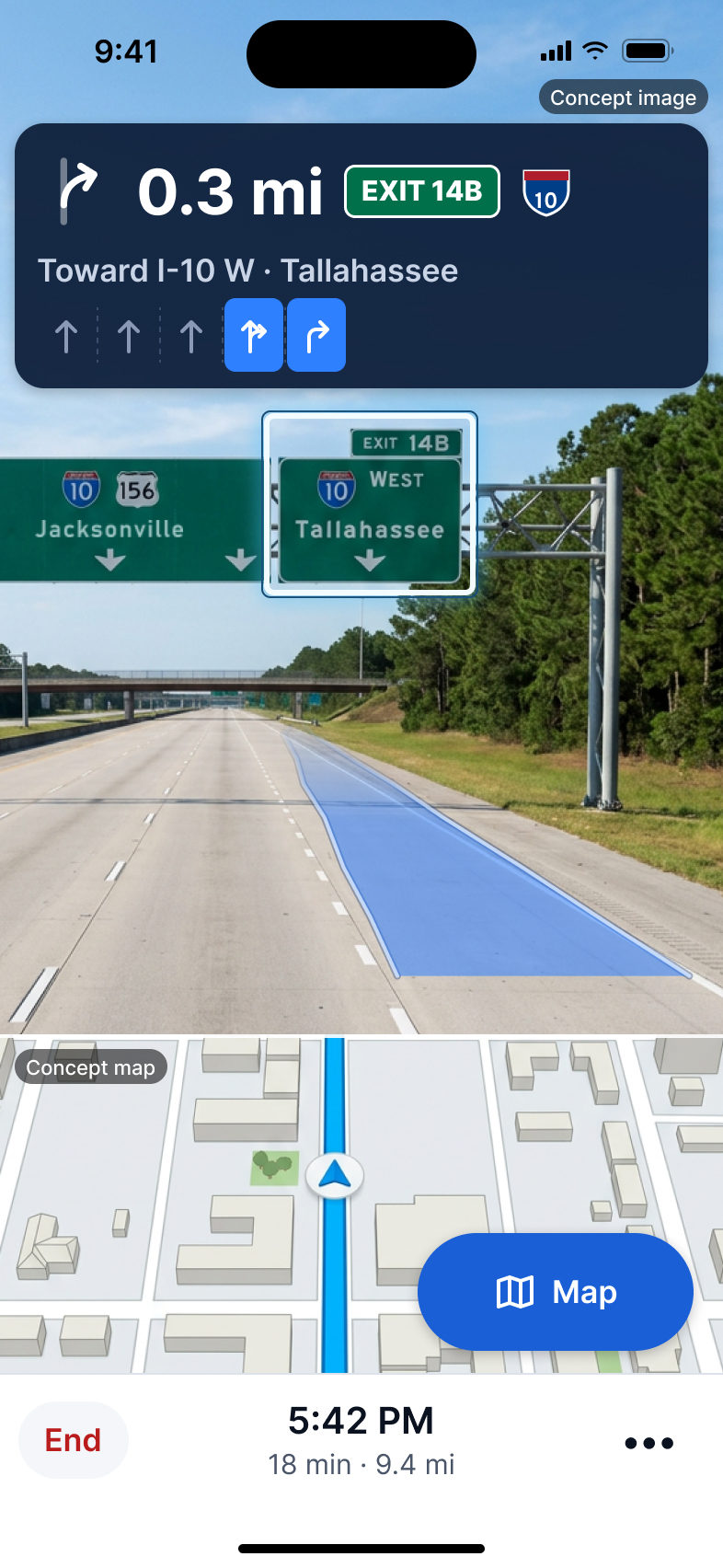 App screen in Real-Life View: a street-level photo of a highway exit with a blue band painted along the exit lane, the green exit sign glowing, the next maneuver at the top and a small live map at the bottom.