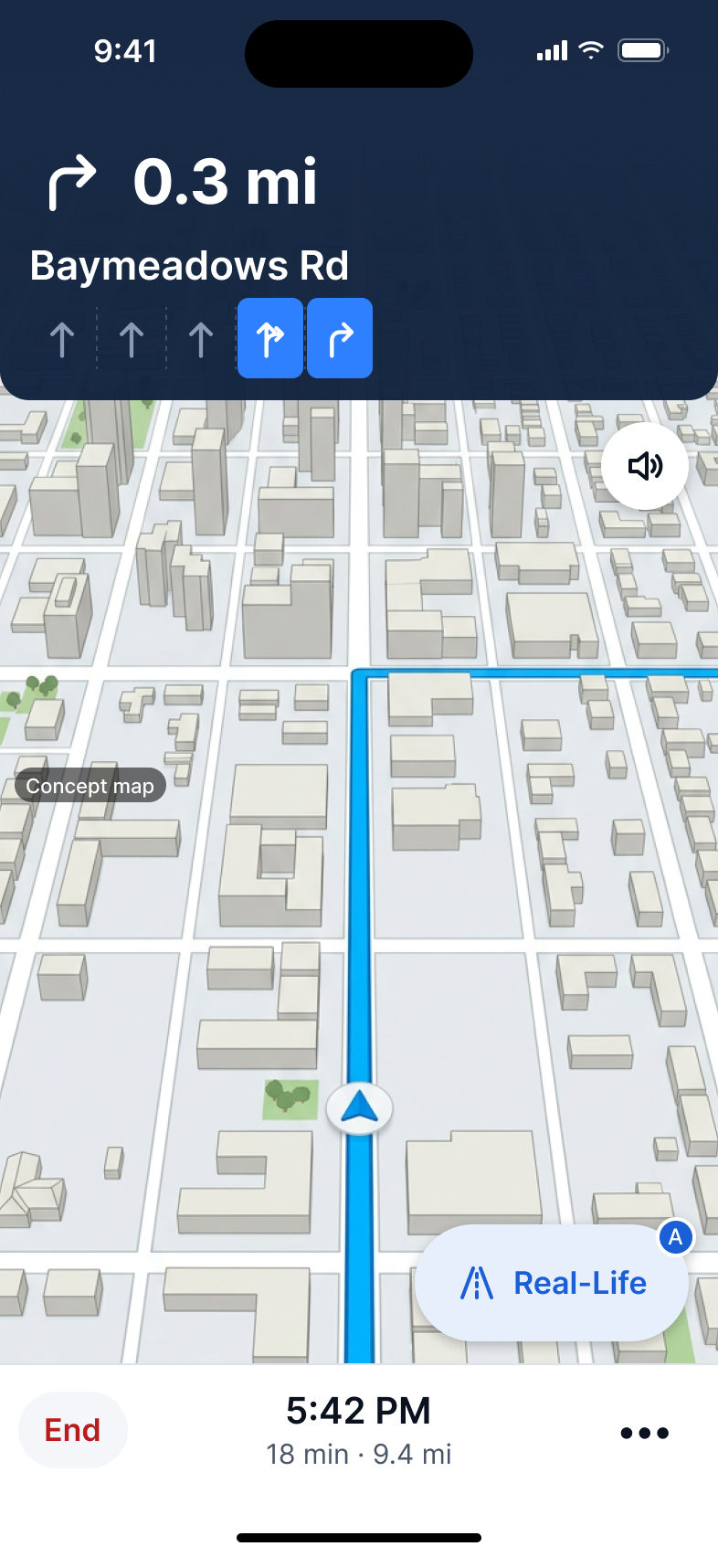 Map view a third of a mile before a right turn onto Baymeadows Road, with the two right lanes highlighted in the lane strip at the top.