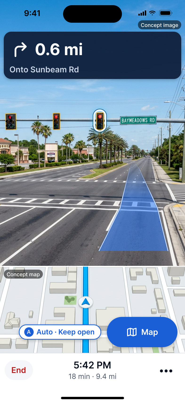 Real-Life View approaching an intersection, with the traffic light for the driver's lane glowing.