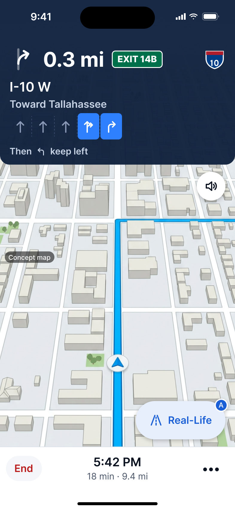 App screen in map view: a tilted 3D navigation map with the route in blue, exit 14B a third of a mile ahead at the top with its two lanes highlighted, and the arrival time at the bottom.