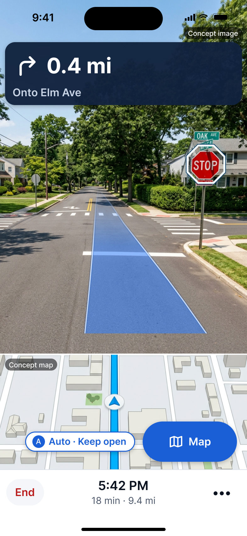 Real-Life View of a neighborhood corner with the stop sign for the driver's direction glowing.